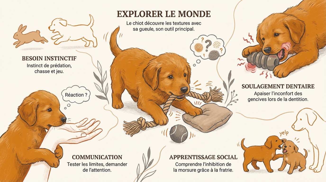 Chiot qui mordille un jouet pour explorer son environnement