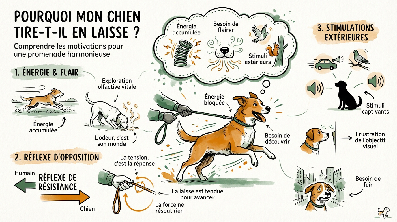 Chien qui tire sur sa laisse lors d'une promenade en extérieur