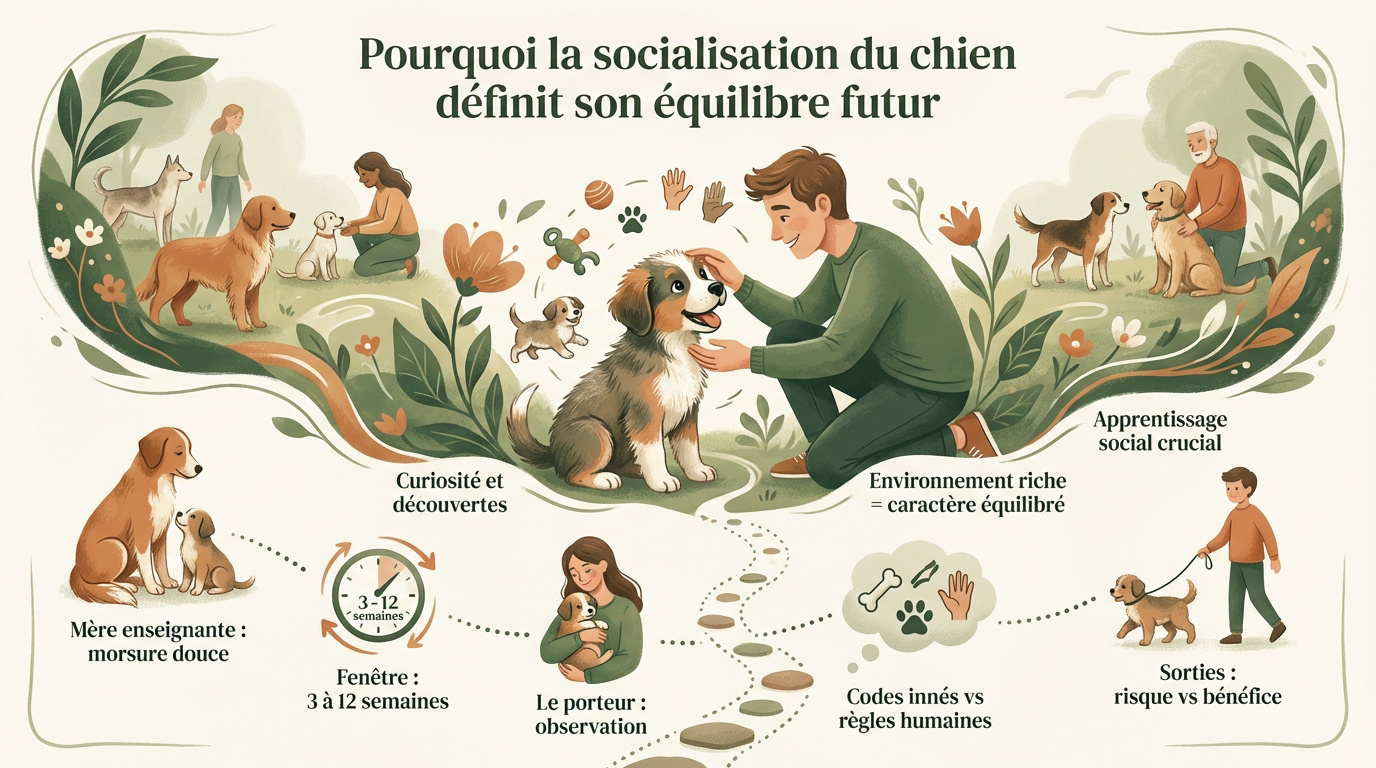 Chiot en phase de socialisation découvrant son environnement extérieur